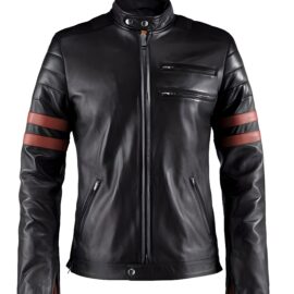 Biker Black Leather Jacket with Red Stripes