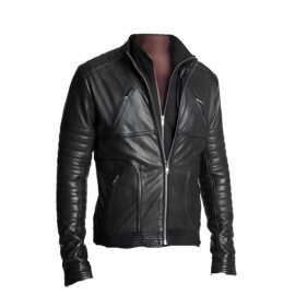 Straight zip up collar leather jacket