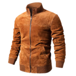 Suede Leather Jacket With Rib Cuff Standing Collar