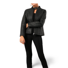 Black Leather Quilted Jacket For Women