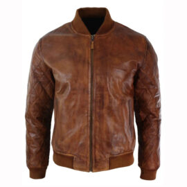 Men’s Brown Leather Jacket with Ribbed Neck & Cuff